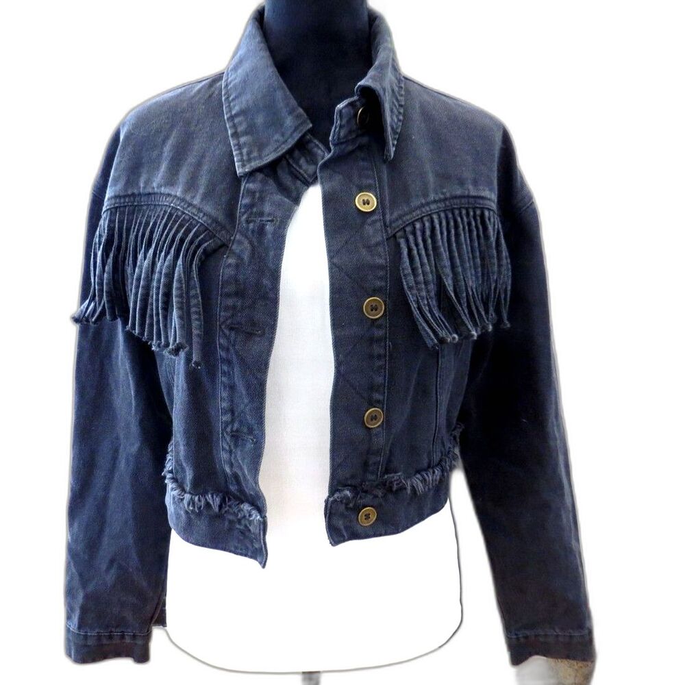 Wild Honey Women's Western Denim Cropped Fringe Jacket Black S EUC